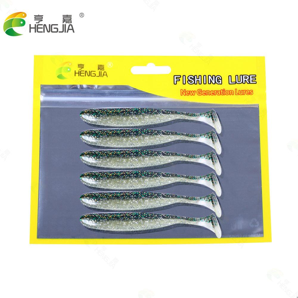 HENGJIA 6 шт., двухцветные блестящие рыболовные приманки, мягкая приманка, 9 см, искусственная приманка, снасти, джеркбейты, приманка для плавания, Т-образный хвост для щуки и окуня