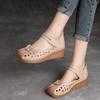 Johnature Versatile Genuine Leather Hollow-out Sandals Retro Hook & Loop Comfortable Women's Wedges Shoes