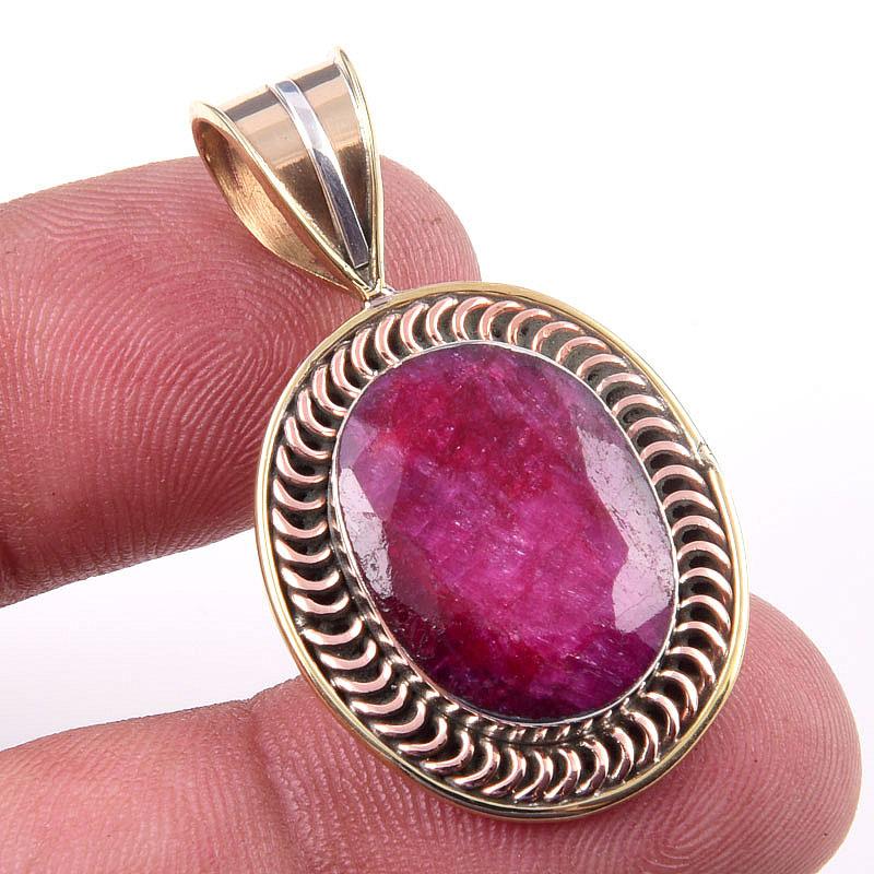 Red Ruby(Simulated) Handmade 925 Sterling Silver Two Tone Pendant 1.50" D3y84