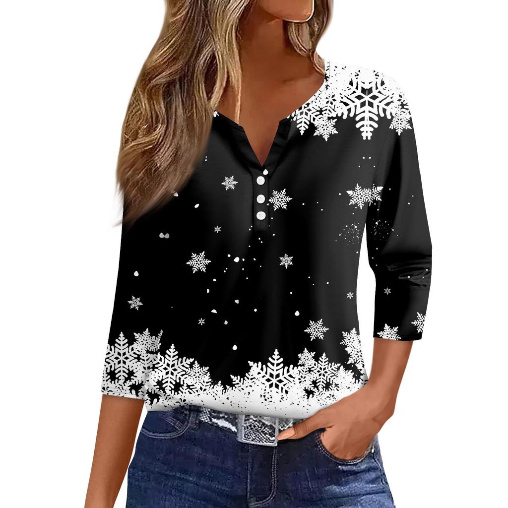Женская футболка с рождественским принтом, на пуговицах, рукав 3/4, повседневная мода на выходные, базовый топ с V-образным вырезом