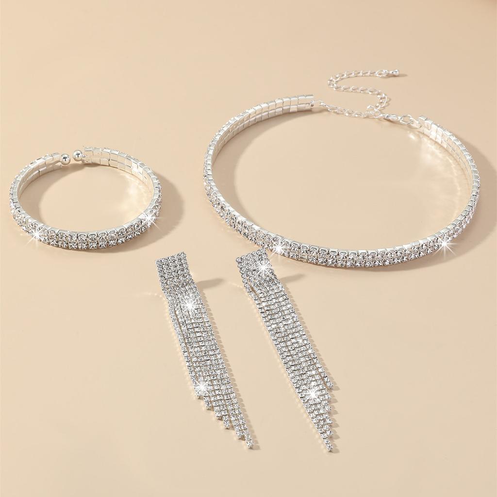 Роскошные высококачественные 2 ряда сверкающих бриллиантов, ожерелье, серьги, браслет, 3 предмета, набор модных свадебных украшений, аксессуары для платья