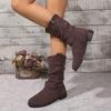 2024 Foreign Trade Autumn and Winter New European and American Round Head Square and Medium Boots Large Size Side Zipper Pile Western Boots Women