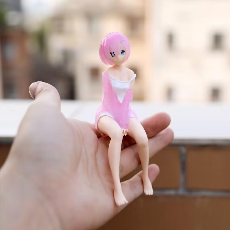 14CM Anime Re:Life in a different world from zero Figure Ram And Rem Pajamas instant noodles press Sitting Position Anime Model