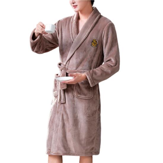 Мужской фланелевый халат с длинными рукавами, карманами, поясом, вышивкой и принтом, зимний, теплый, с лацканами, из двустороннего флиса, ночная рубашка, домашняя одежда