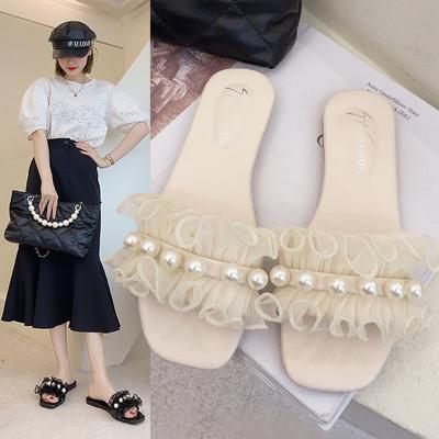 Мода 2024 Летние женские сандалии, тапочки, белая кружевная сетка, жемчуг и стразы, домашняя обувь, тапочки для отпуска, пляжная обувь