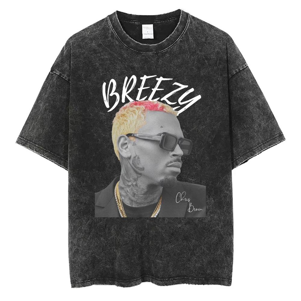 Washed Chris Brown Music Album Cover Print Tshirt Breezy Bowl XX Tour Merch T Shirts Men Women Hip Hop High Quality Tshirt