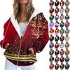 Women's Fashion Casual Christmas Print Long Sleeve Sweatshirt Pocket Jacket Zipper Hoodie Coat