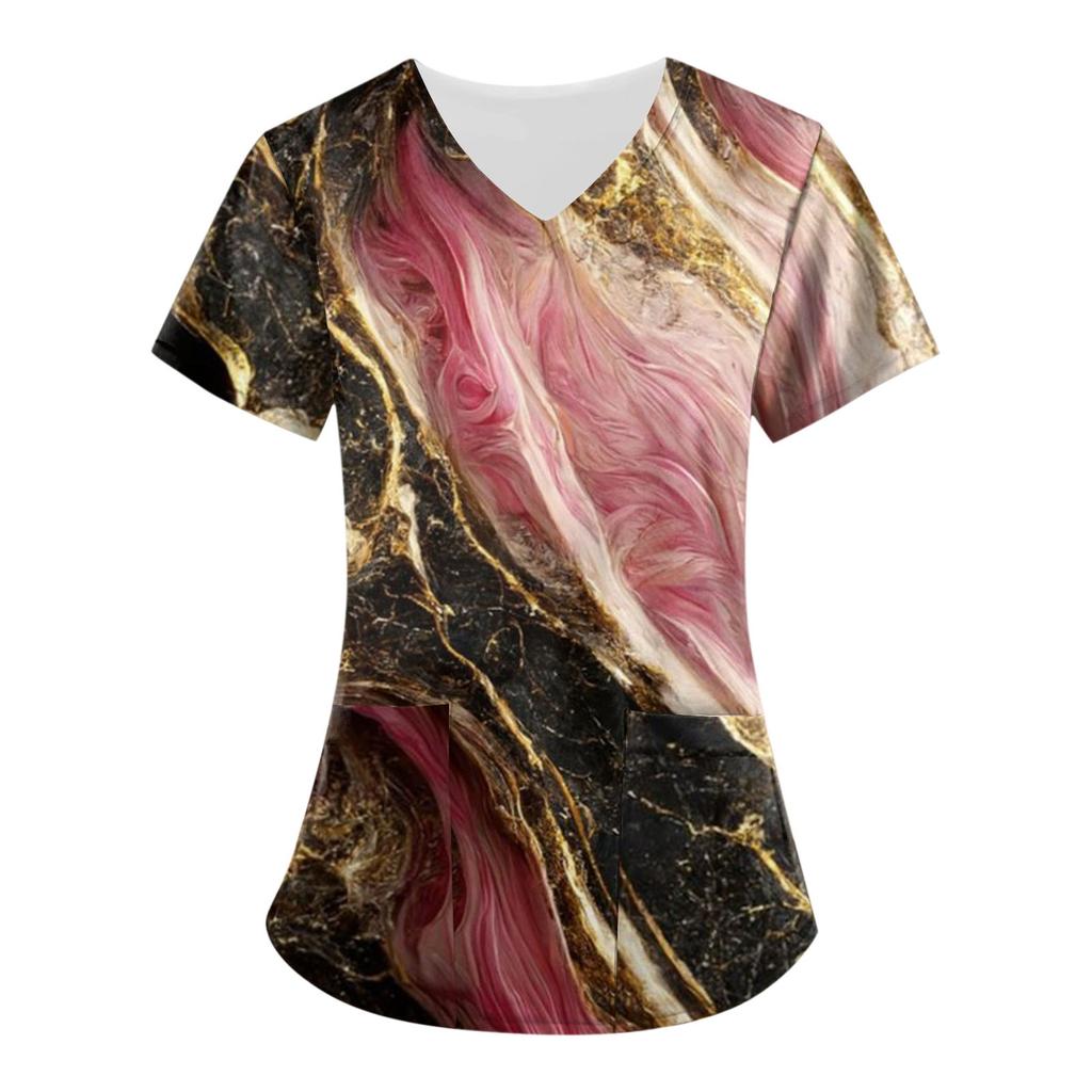 Женские топы с короткими рукавами и v-образным вырезом с принтом, рабочая форма, карманная блузка