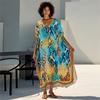 Новинка 2024 года, синий богемный принт плюс размер, кафтан с v-образным вырезом, пляжная одежда, купальник, накидка, женский свободный халат на летние каникулы, пляжное платье