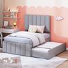 140x200cm Cotton Linen Fabric Storage Bed with Drawers Pull-out Bed Headboard Lines Design Strong Wood Slat Support Bed Home Furniture