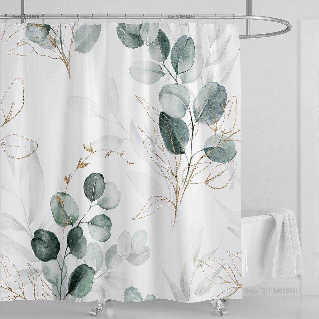 Watercolor Leaves On The Top Plant With Floral Bathroom Greenery Leaf Decoration Watercolor Botanical Shower Curtain With Hooks