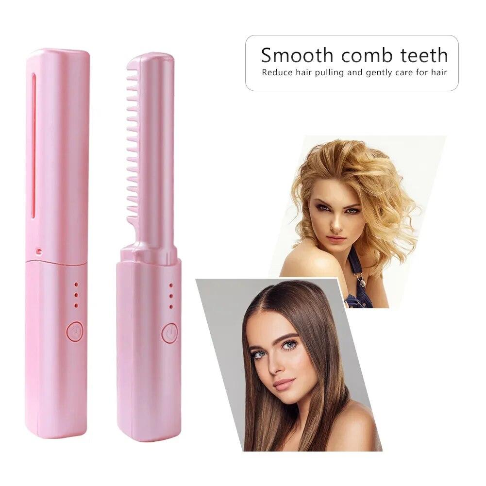 2 In 1 Lazy Straightener Hair Hot Comb Portable Mini USB Rechargeable Hair Straightener Fast Heating Hair Styling Tools