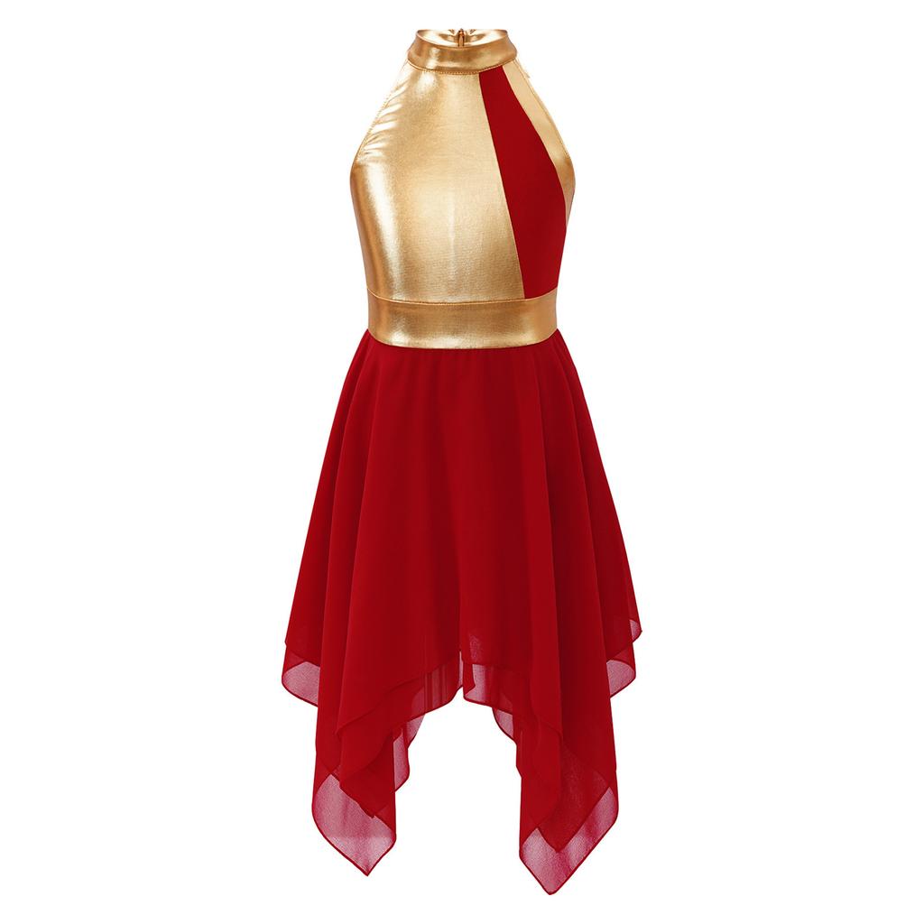 Girls Sleeveless Praise Dance Dress Round Collar Patchwork Design Contrast Color Church Performance Costume