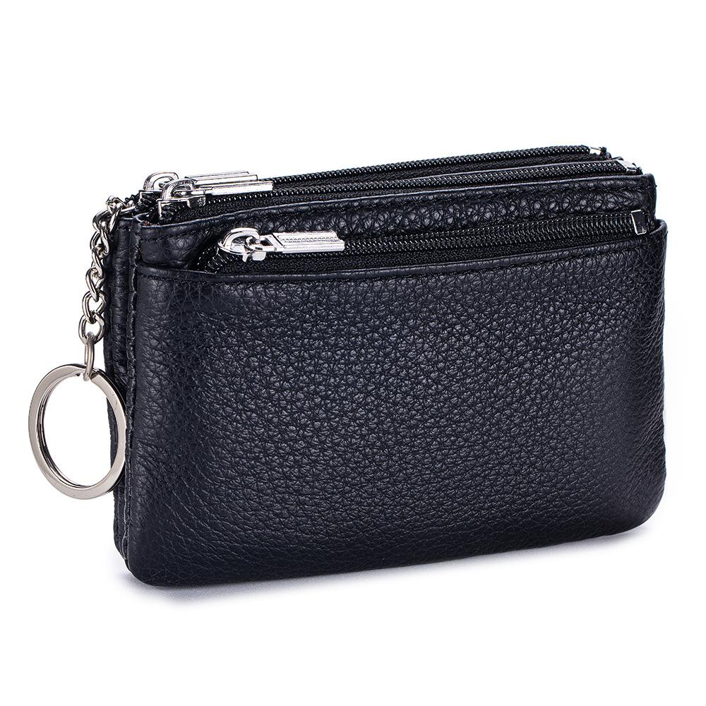 Fashion Women's Genuine Leather Coin Purses Mini Pouch Change Wallets 3 Zippered Change Pouch Wallet with Key Ring for Women