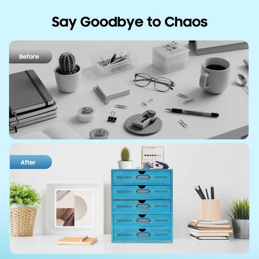 Винтажный синий 5-ярусный органайзер с выдвижными ящиками, настольный шкаф для хранения из сосновой древесины для офиса, ювелирных изделий, косметики, специй, не требует сборки