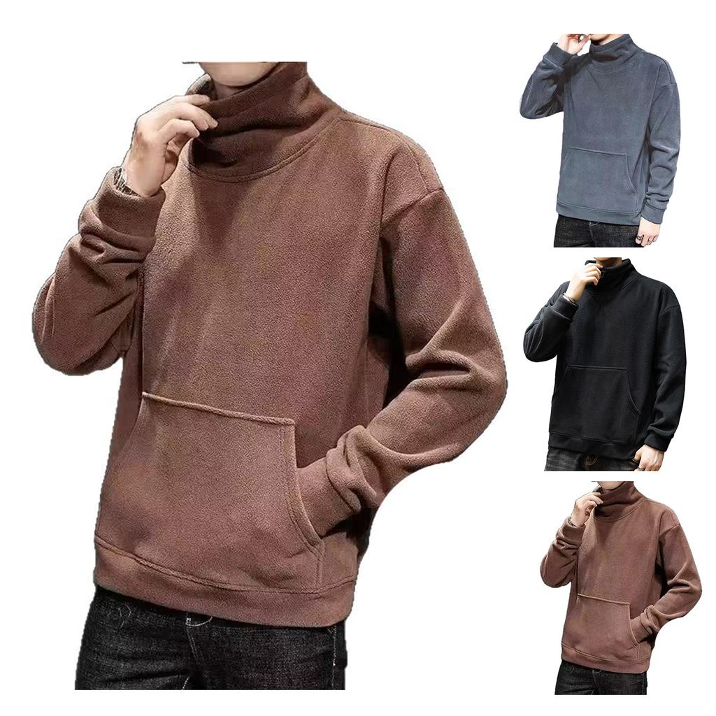 Мужской повседневный однотонный свитшот с круглым вырезом, длинными рукавами и карманом, мужской флисовый утолщенный теплый свитшот с высоким воротником