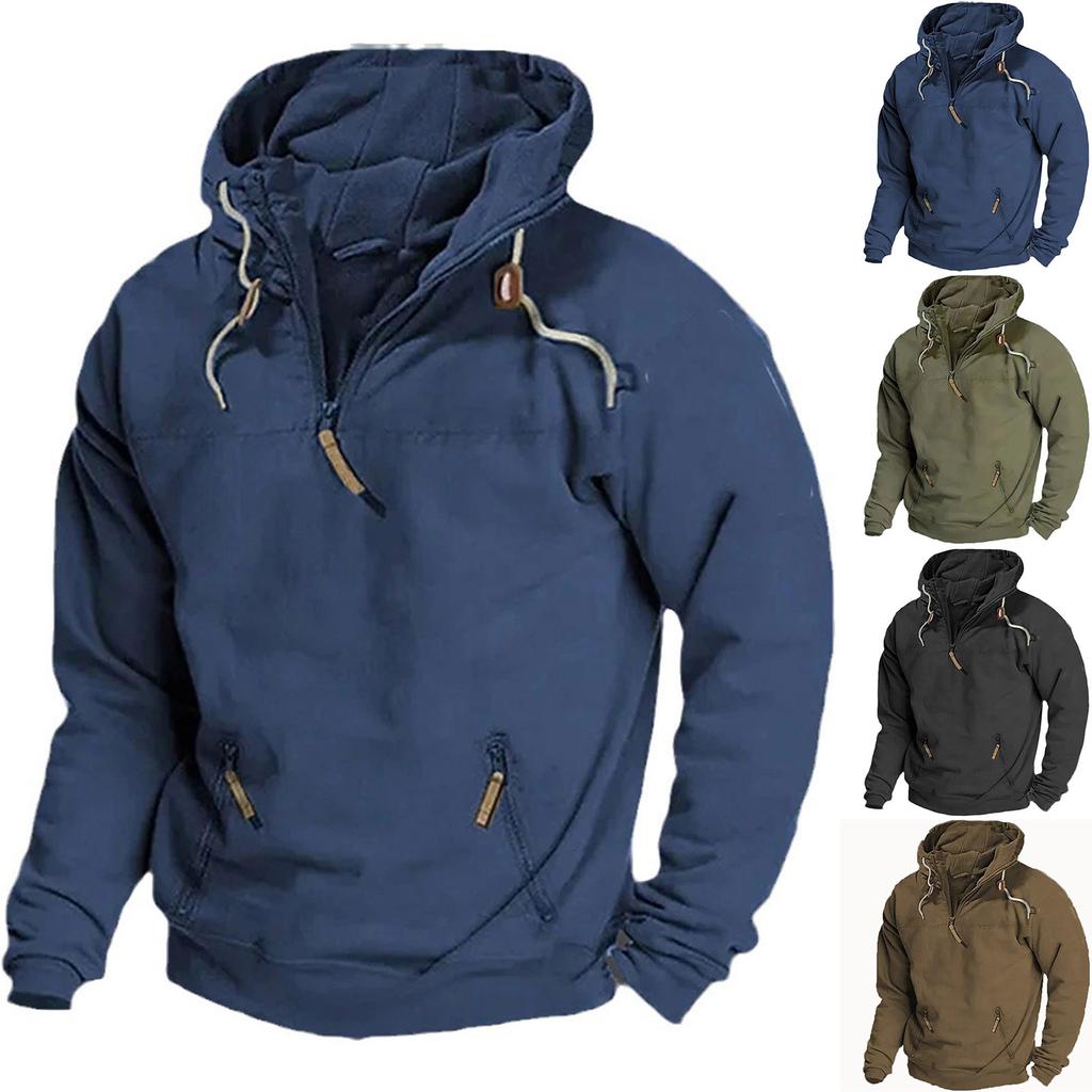 Spring Autumn Mens Solid Vintage Hooded Sweatshirt Sports Tactical Hoodies Half Zip Tracksuit Casual Sweatshirts Male Coats