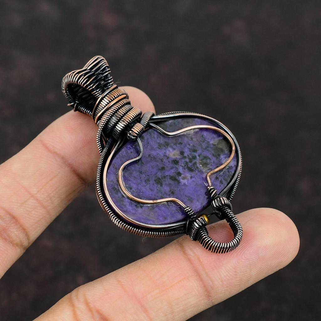 Подвеска из чароита, медная проволока, обернутая подвеска, ювелирные изделия из драгоценных камней, подвеска ручной работы, подвеска из радужного лунного камня, антикварная медная подвеска, подарок для нее