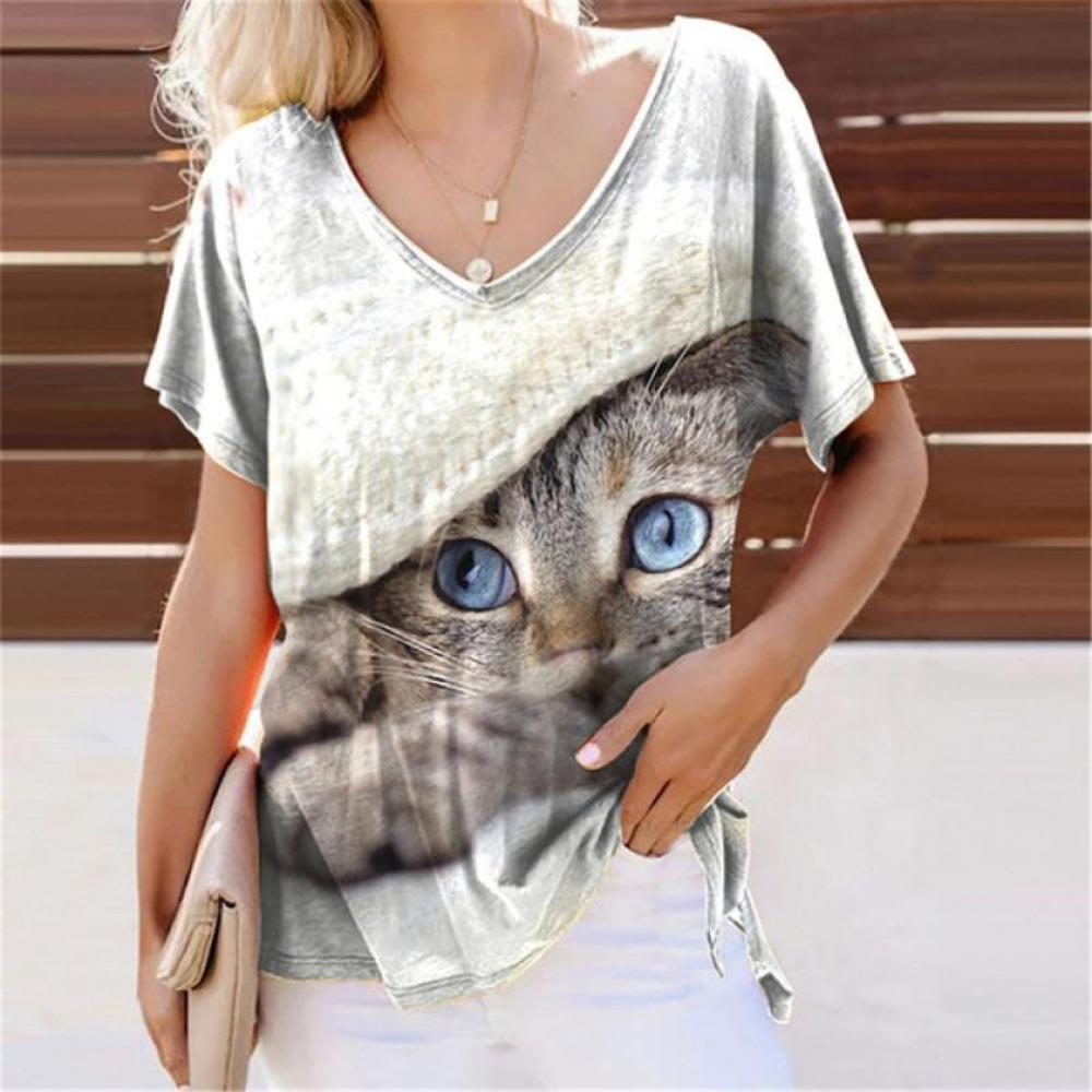 Летние милые футболки с 3D-принтом кошек, женские повседневные футболки с V-образным вырезом и коротким рукавом, Y2k, харадзюку, футболки с животными, свободные топы, женская одежда