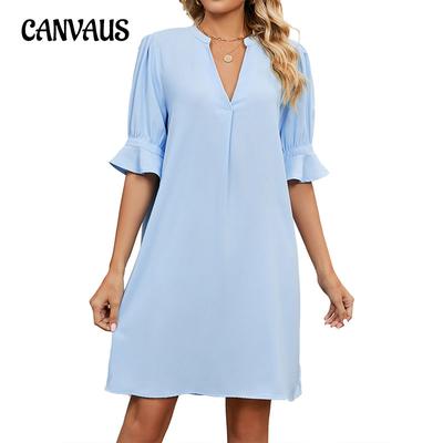 Летняя женская юбка, однотонное свободное платье с v-образным вырезом и плиссированными рукавами с пятью точками