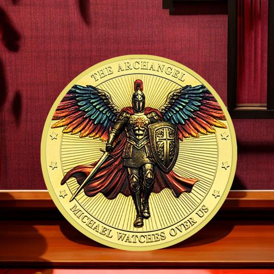 1/3/5Pcs Archangel Michael Challenge Coin Double-sided Carved Metal Medal Commemorative Medallion Round Collection Coin Home Office Desk Decoration