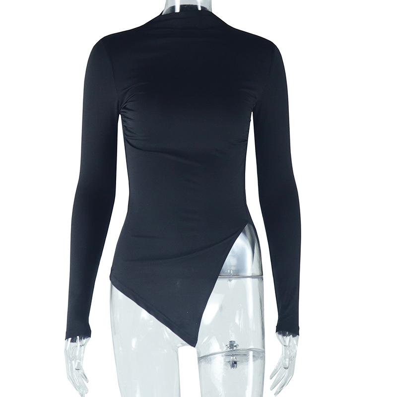 Женский обтягивающий свитер с круглым вырезом, однотонная футболка с длинным рукавом и складками, нестандартной формы