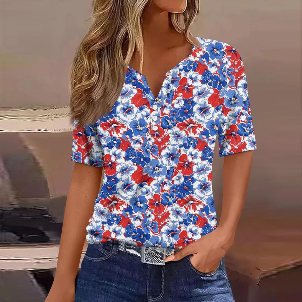 Women's T Shirt Tee Print Button Short Sleeve Daily Weekend Fashion Basic V- Neck Regular Top