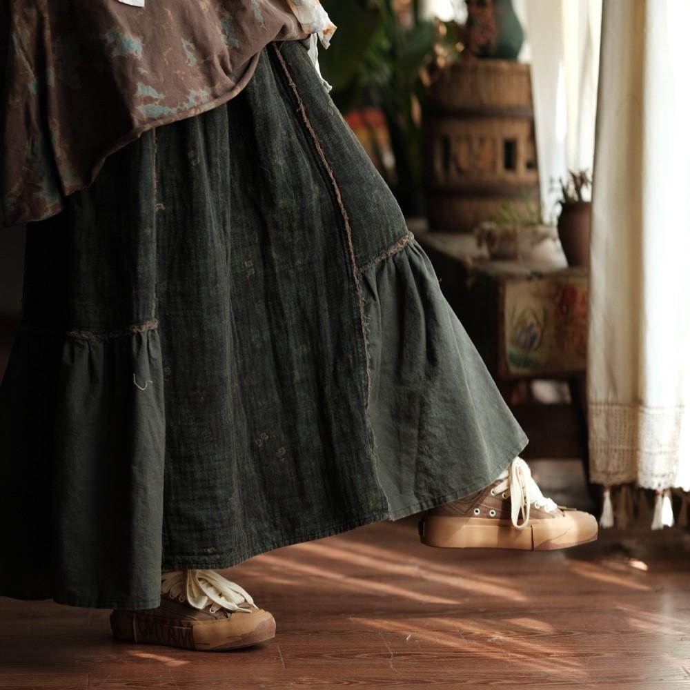 Johnature Women Vintage Green Skirts Elastic Waist Patchwork Loose Autumn Chinese Style Female A-Line Skirts