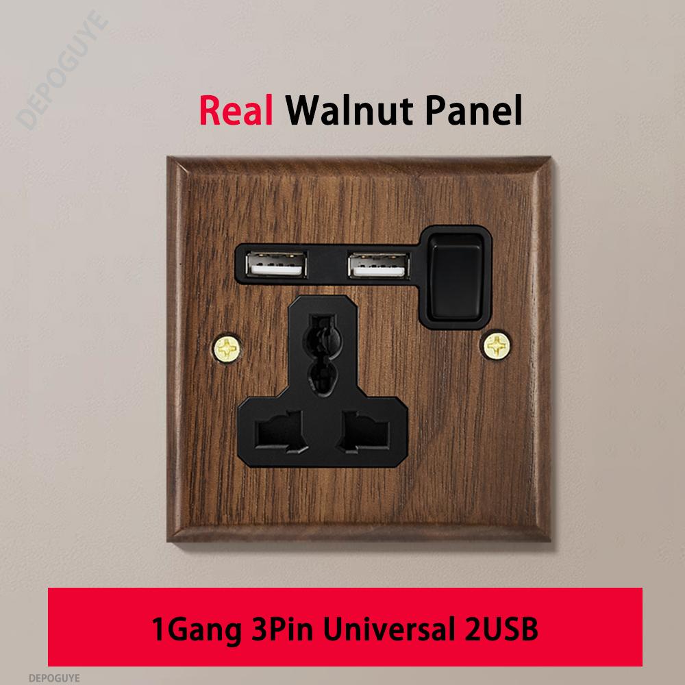 Черная ретро-панель тумблера на стену из грецкого ореха 1-4 клавиши 2-сторонняя из массива дерева двойная универсальная электрическая розетка EU/FR с USB-C