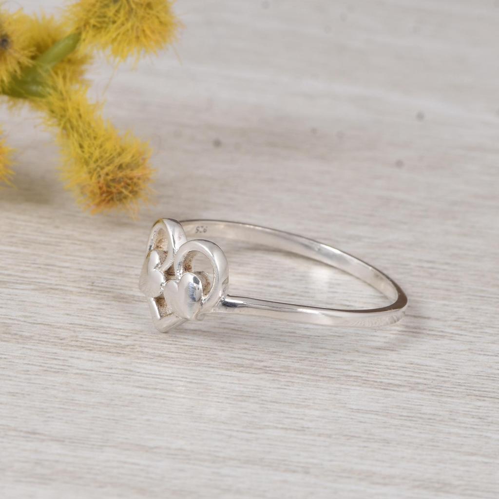 Double Heart Silver Ring, 925 Sterling Silver Minimalist Love Ring, Open Heart Design Dainty Ring Gift for Her.