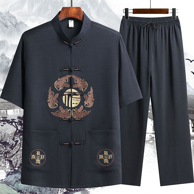 Костюм ханьфу с короткими рукавами в китайском стиле, мужской костюм Тан, летний костюм тайцзи в китайском стиле, костюм дзен, мужская одежда