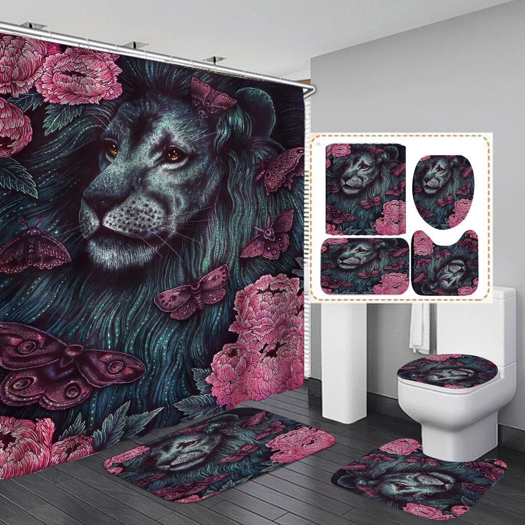 4 шт. наборы занавесок для душа серии Lion для ванной комнаты, нескользящие коврики для ванной комнаты, крышка для унитаза, коврик для ванной