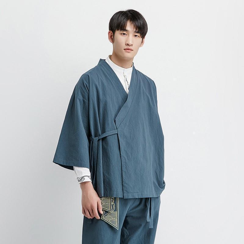Мужской свободный кардиган Hanfu Zen: Даосский халат с рукавом три четверти в ретро-китайском стиле