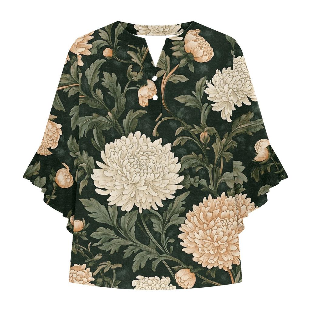 Summer Women's Tops V Neck Three Quarter Sleeve Shirt Vintage Floral Print Tops Casual Shirts