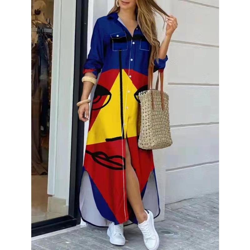 YYFS Women's Fashion Spring Fall Colour Block Print Long Sleeve POLO Neck Loose Waistline Casual Dresses