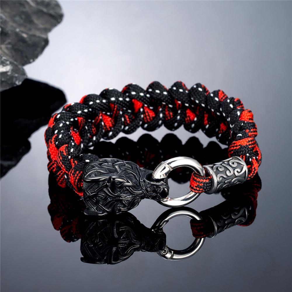 Outdoor Norse Mythology Odins Wolf Bracelet Men Stainless Steel Braided Paracord Rope Wristband Viking Runes Celtic Knot Jewelry