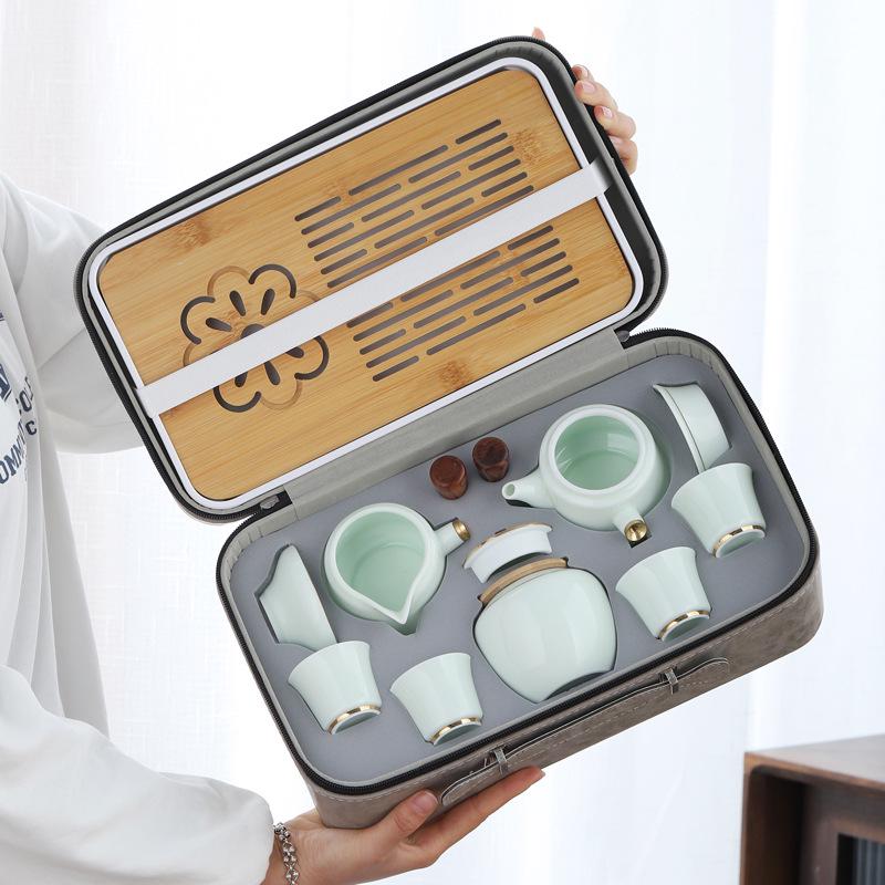 Jade Green Travel Tea Set: One Pot, Four Cups, with Wooden Side Handle and Tea Caddy.