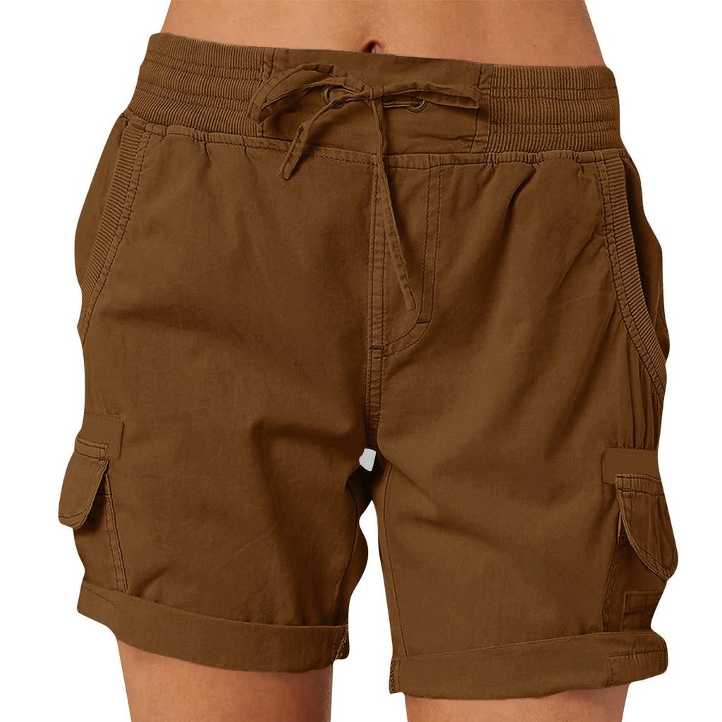 Women's Solid Color Fashionable Pocket Drawstring Casual Workwear Pants Loose Elastic Waist Shorts