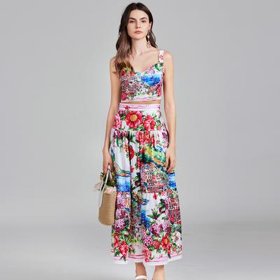 Летний дизайнерский принт для праздничной вечеринки, комплект из 2 предметов, женский укороченный топ на тонких бретельках с V-образным вырезом и длинной юбкой макси