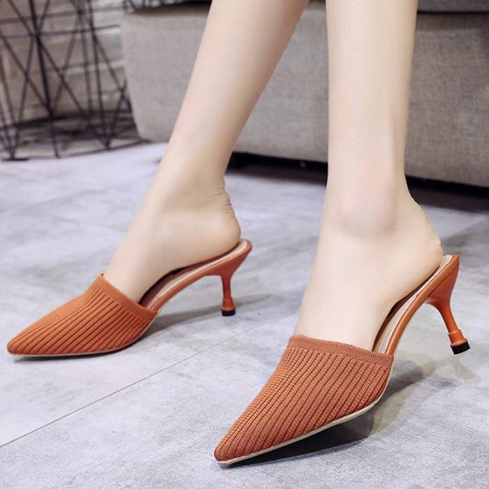 Женские модные тапочки на каблуке, сандалии, тканые тапочки на тонком каблуке с острым носком