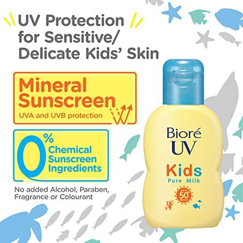 Солнцезащитное молочко Biore UV Kids Pure Milk 70 мл SPF50 / PA+++ имеет минеральную барьерную формулу без химических фильтров, не содержит отдушек.