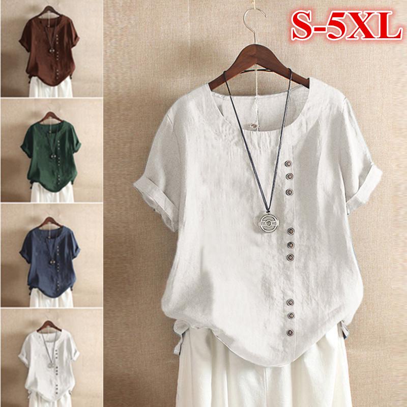 Plus Size Womens Casual Loose Tops Button Linen Daily Boho Tunic T-shirt Short Sleeve Blouse