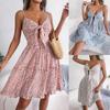Spring and Summer Floral Bow V-neck Wooden Ear Side Swing Dress Holiday Halter Dresses for Women