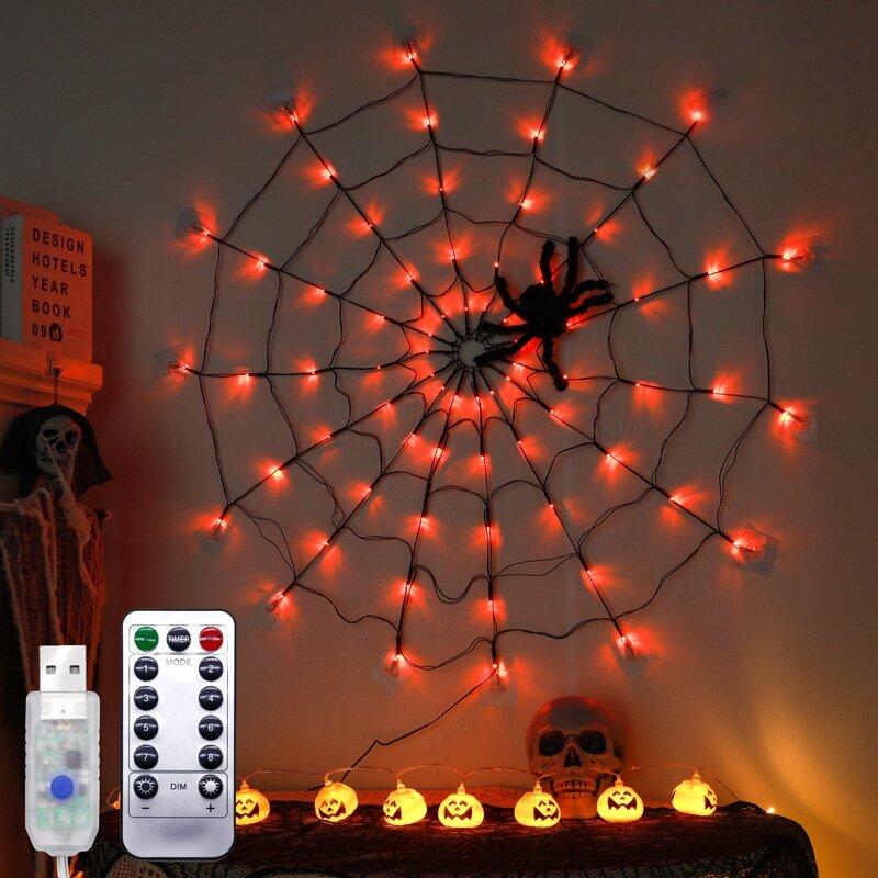 Halloween Spider Web Decoration Light With Giant Hanging Spider&Triangular Web,Indoor/Outdoor Wall Lamp For Haunted House,Party