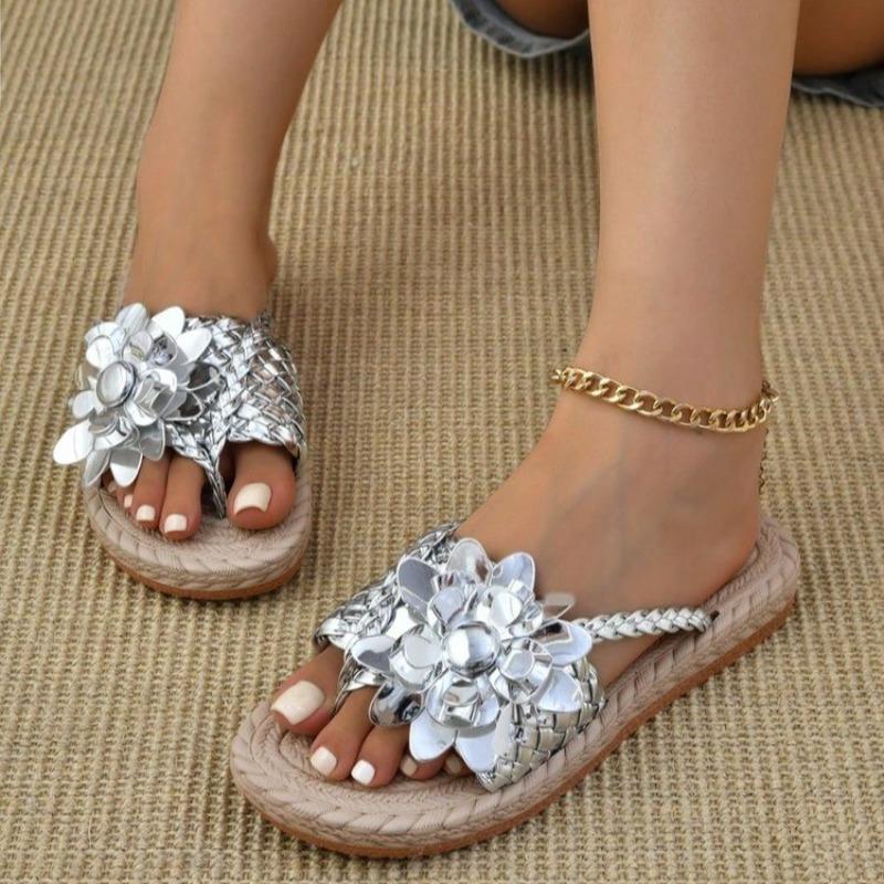 Fashion Women Flat Slippers 2024 New Summer Fashion Sandals Casual Vacation Braided Floral Pattern Toe Post Beach Slippers Slides Women