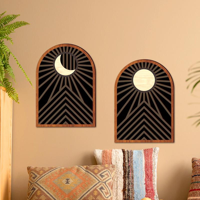 2Pc Wooden Wall Stickers Farmhouse Decoration Wooden Ornament Bohemia Art Installations Retro Hollow Flower Wall Hanging