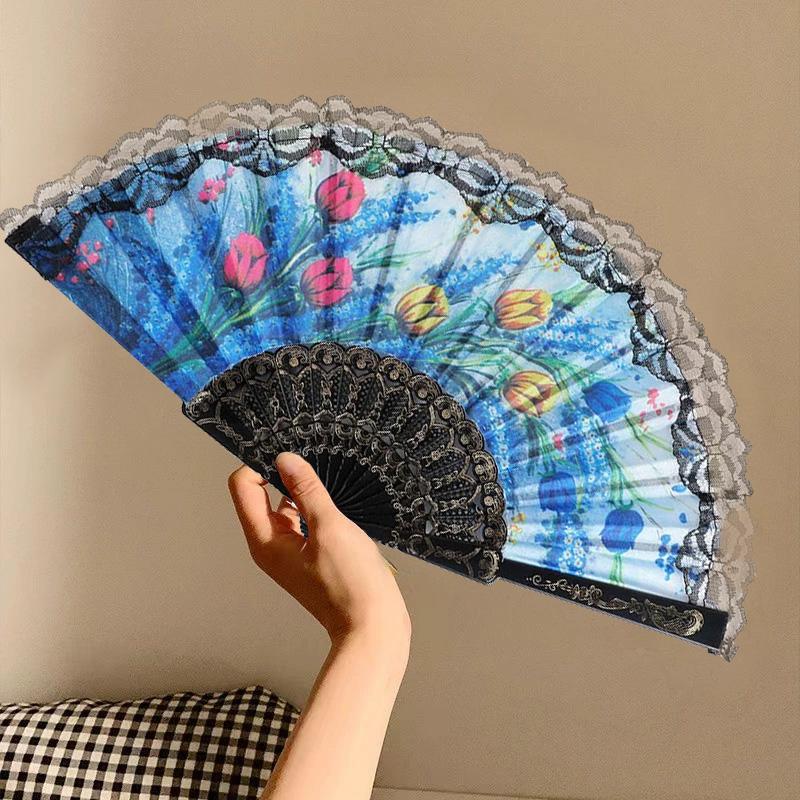 1 шт. Пластиковый складной веер с цветами, поделки, цветочный ручной танцевальный веер в испанском стиле, украшение для свадебной вечеринки, кружевной веер