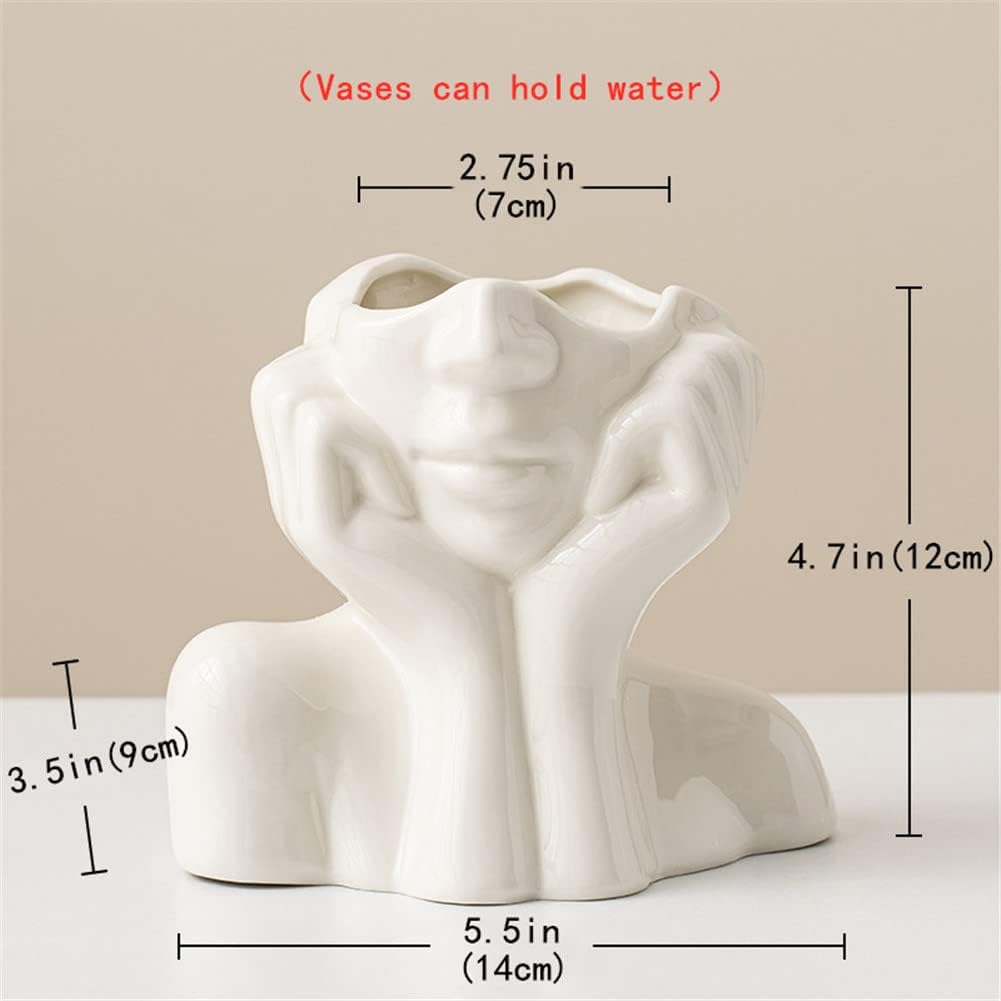 White Ceramic Face Vase, Female Form Head Half Body Bust Vases Boho Feminist Minimalism Decorative Modern Nordic Style Flower Vase for Home Living