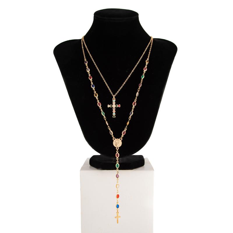 Fashionable Light Luxury Jesus Cross Pendant Necklace Set For Women Trendy Colorful Crystal Chain Choker Christian Jewelry Gift