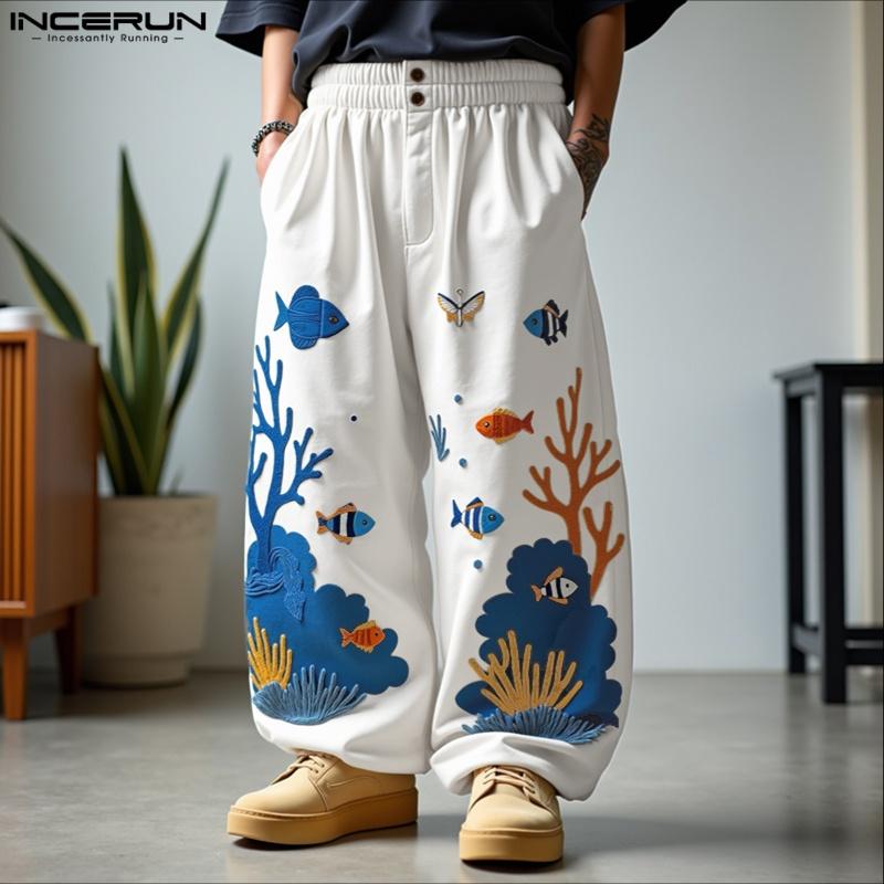 INCERUN Мужские повседневные свободные длинные брюки с принтом и эластичной талией, с карманами